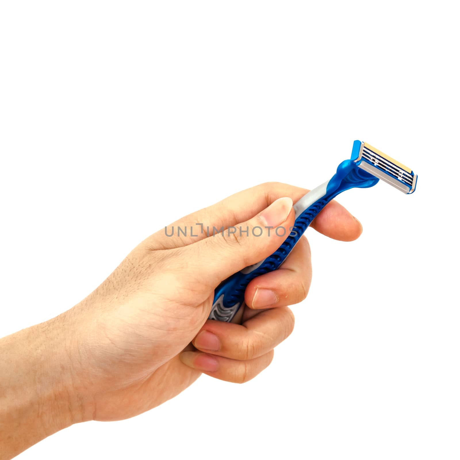 Left Asian male hand holding single disposable razor with blade isolated on white background. Blue plastic razor with clipping path and copy space