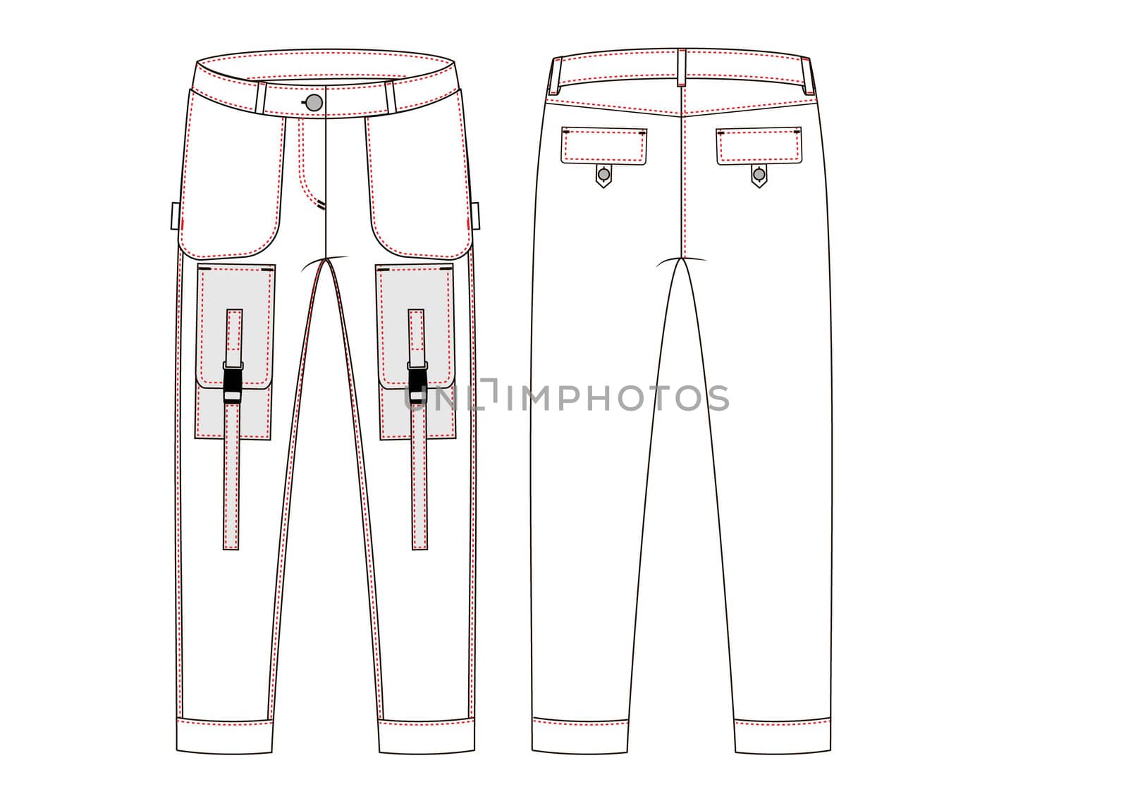 Cargo pants with large side pockets technical sketch. Front and back views - Vektorgrafik by Lenkapenka