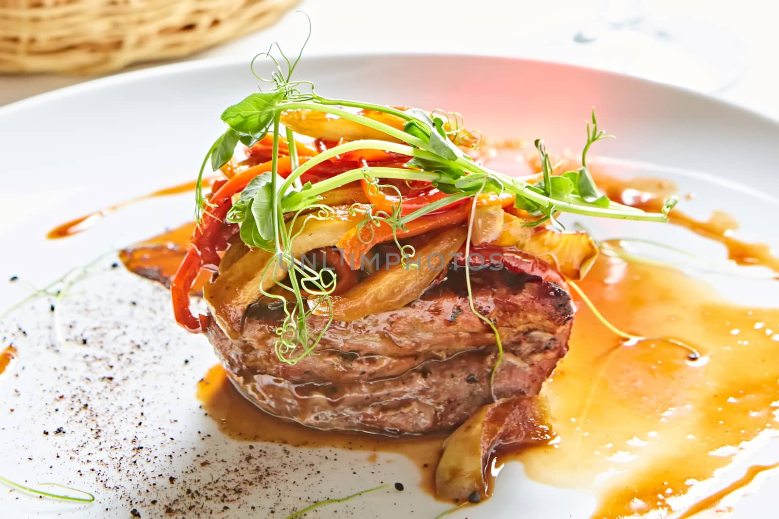 Delicious beef steak with vegetables. Shallow dof