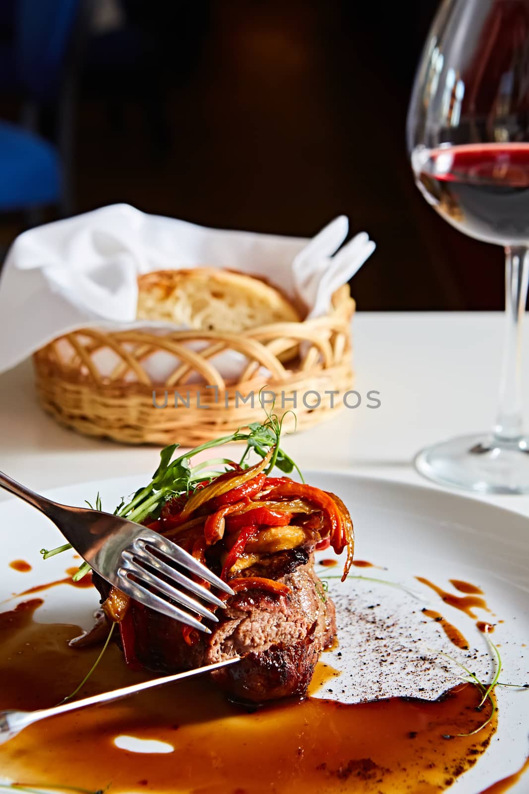 Delicious beef steak with vegetables. Shallow dof
