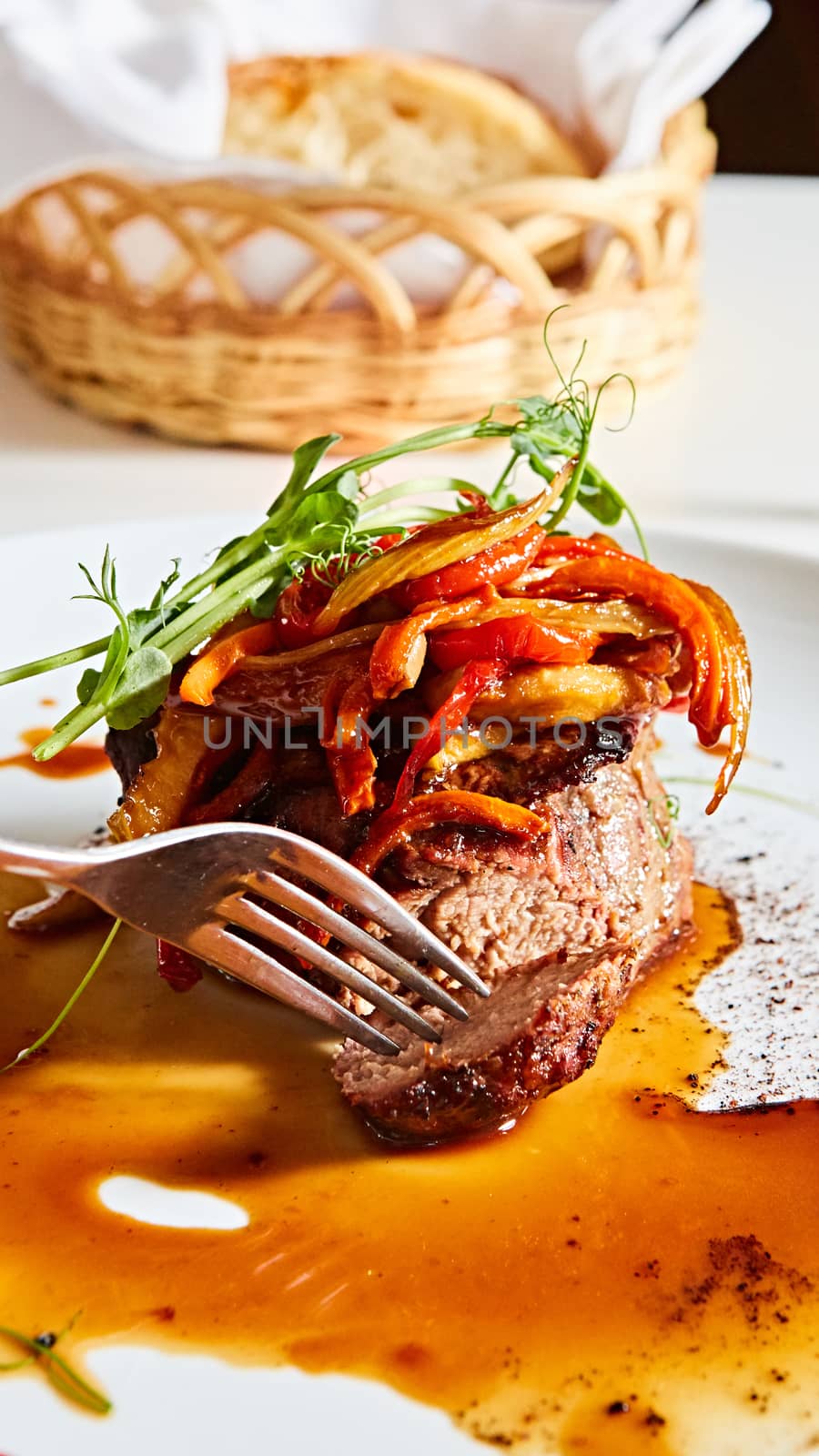 Delicious beef steak with vegetables. Shallow dof. by sarymsakov
