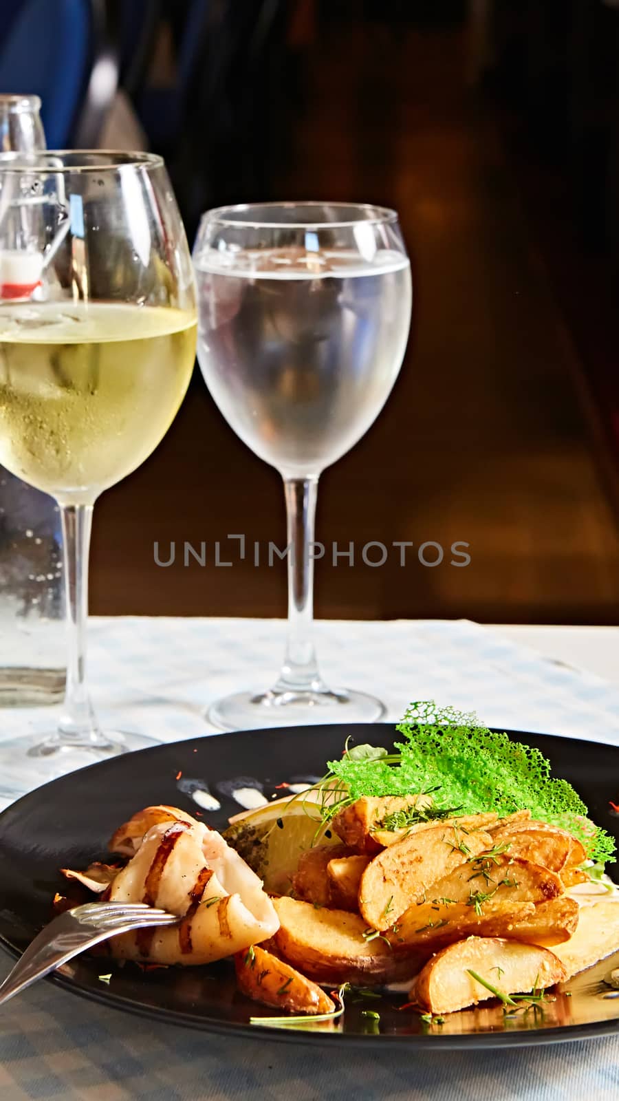 Grilled squid with salad. Shallow dof