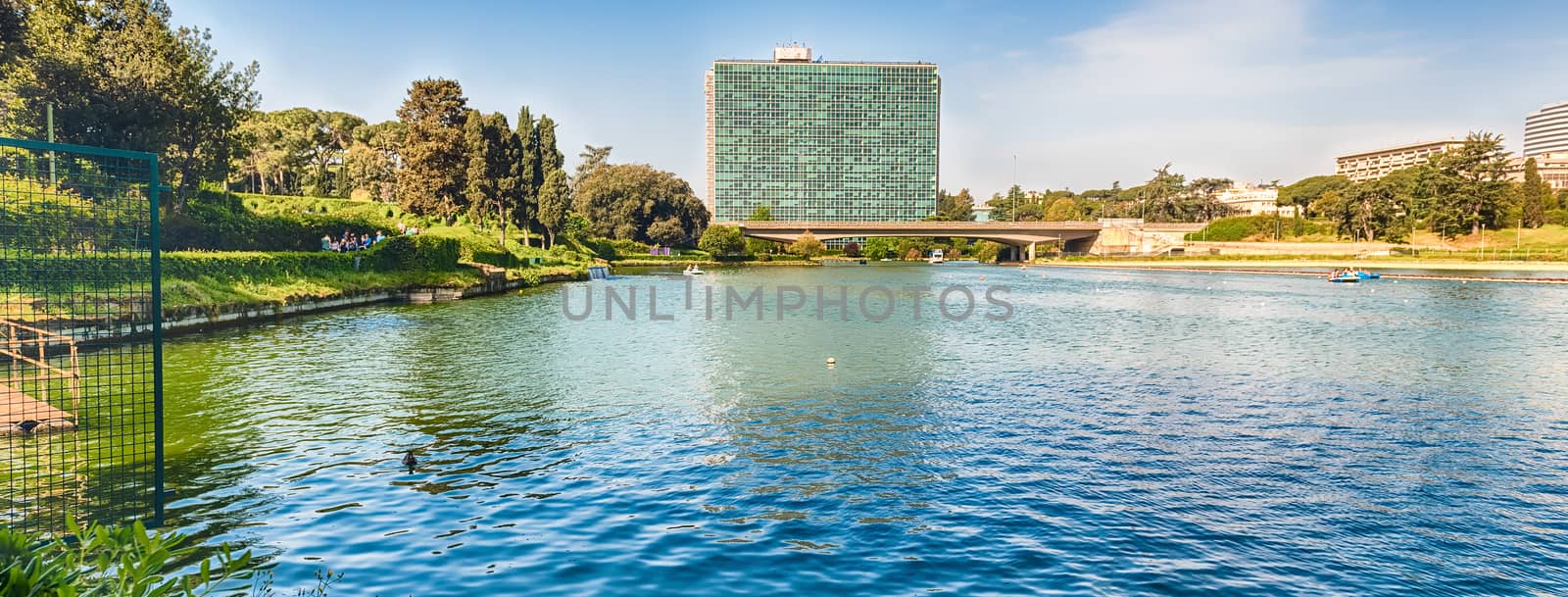 Scenic view over the artificial lake in the EUR district, Rome, Italy