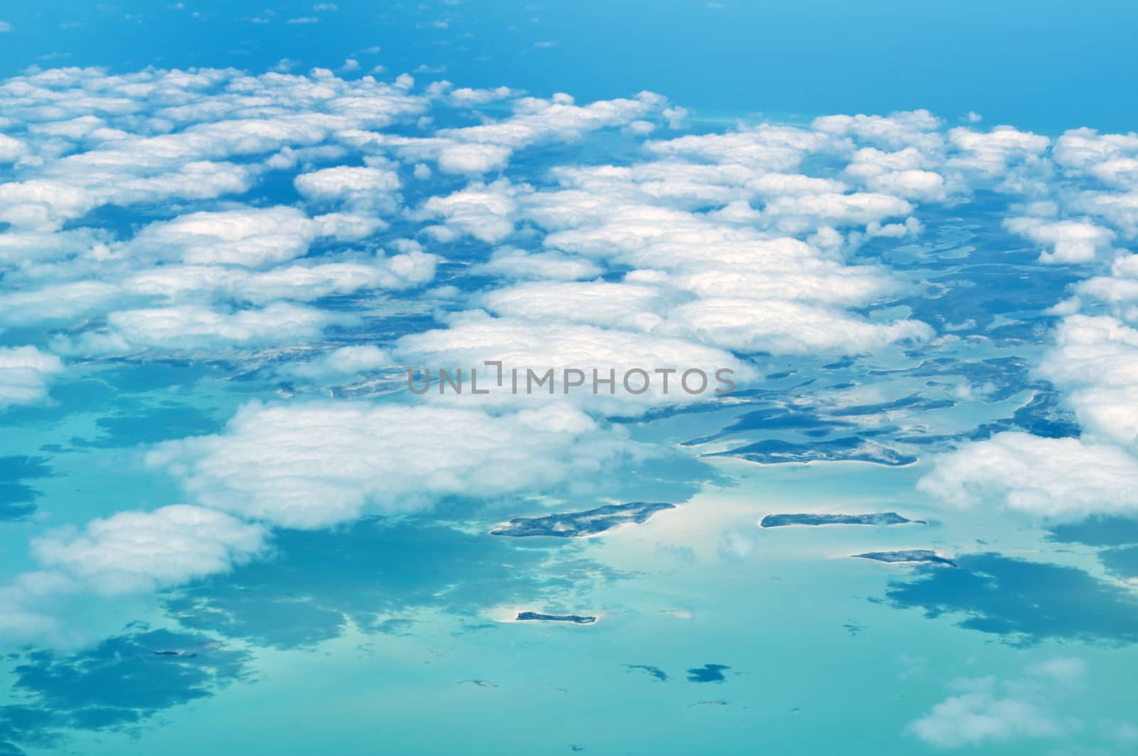 The Bahamas: aerial view of clouds and blue sea.