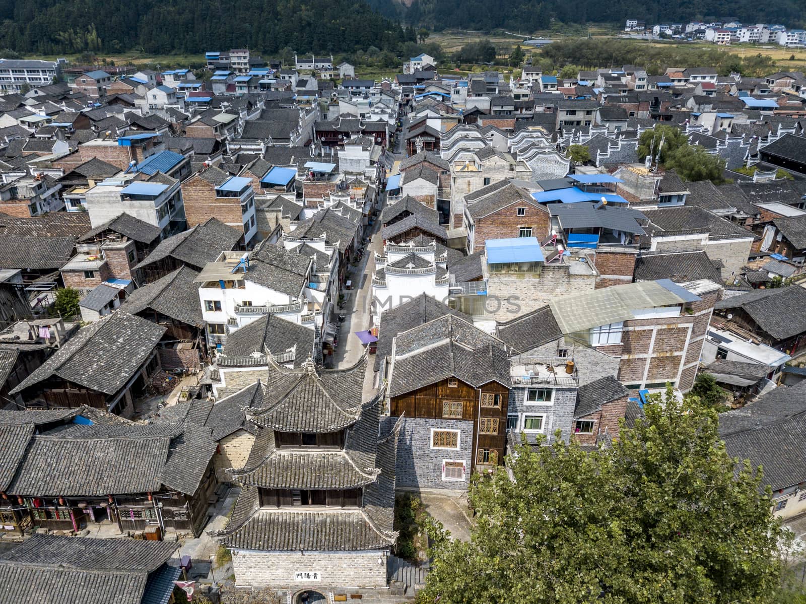 The bird's eye view of the traditional Longli Ancient Town in Guizhou, China. The Chinese character in the photo is the name of the old town.