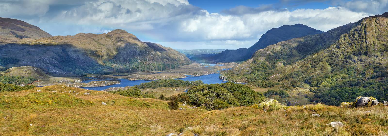 Panoramic landscape from Ladies View is a scenic viewpoint on the Ring of Kerry tourist route. Ireland