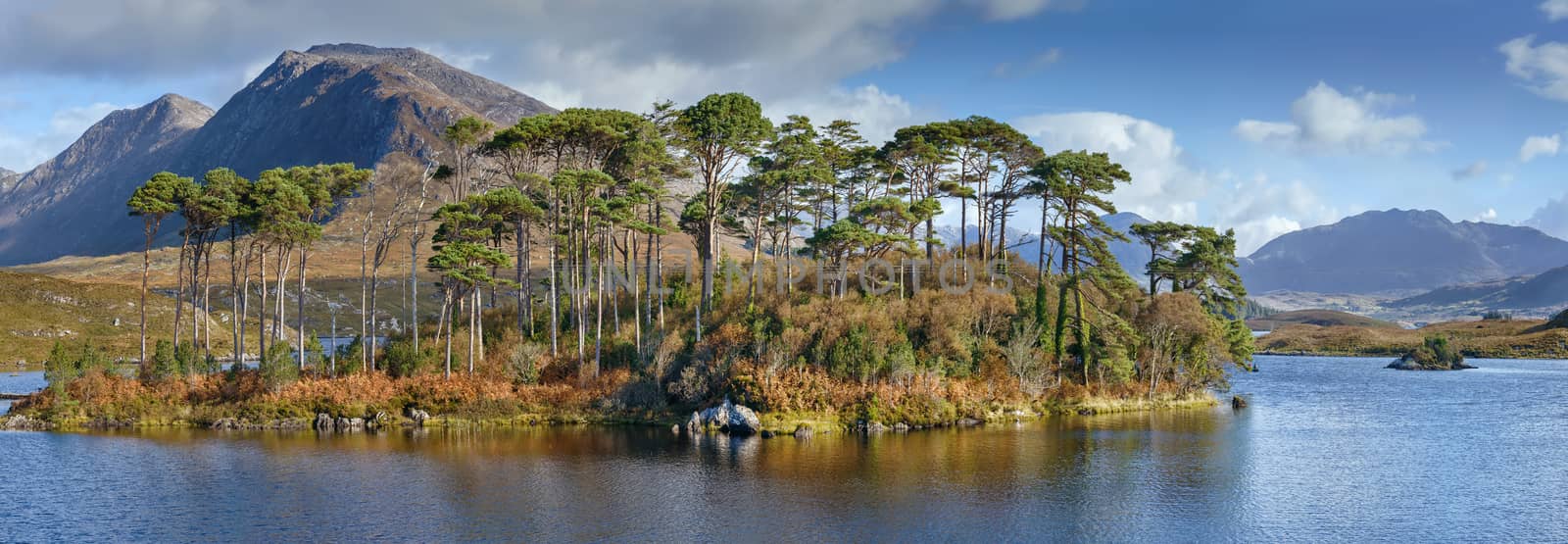 Panoramic landscape with lake from Pines Island Viewpoint in Galway county, Ireland