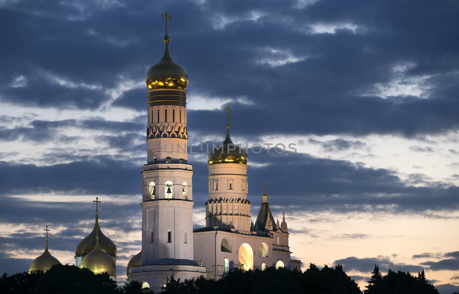 Churches of Moscow Kremlin Russia on dramatic sunset sky