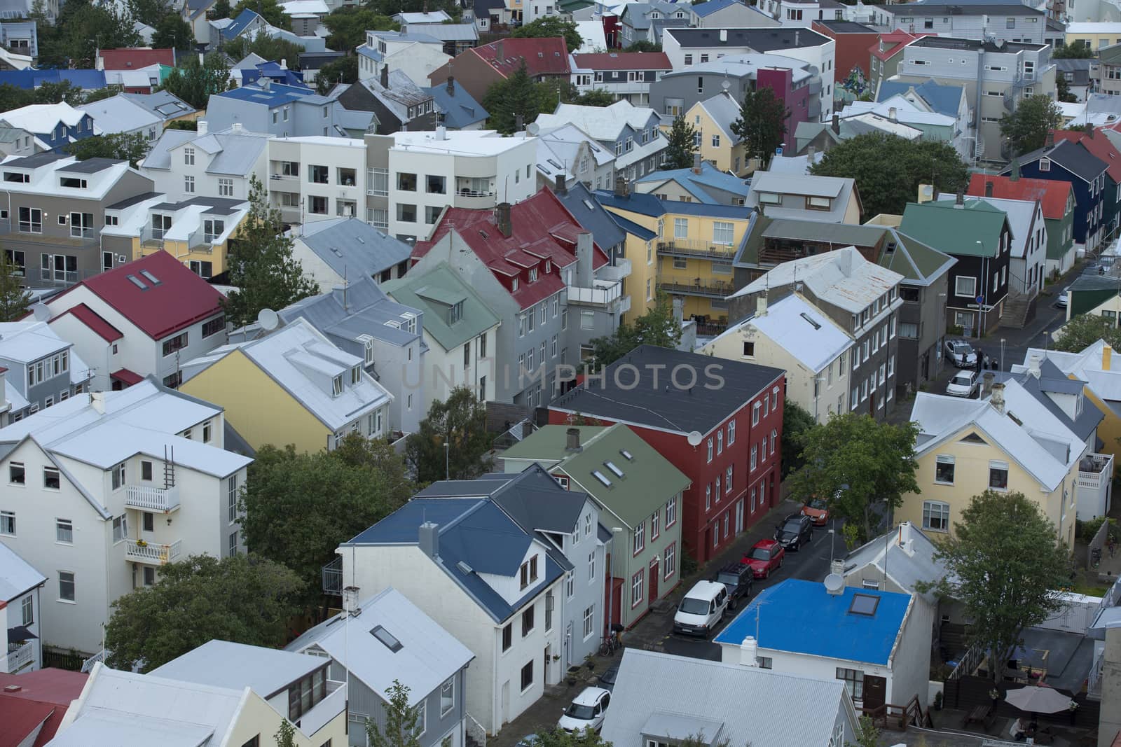 Reykjavik, capital city of Iceland. Tipical icelandic houses upper view.