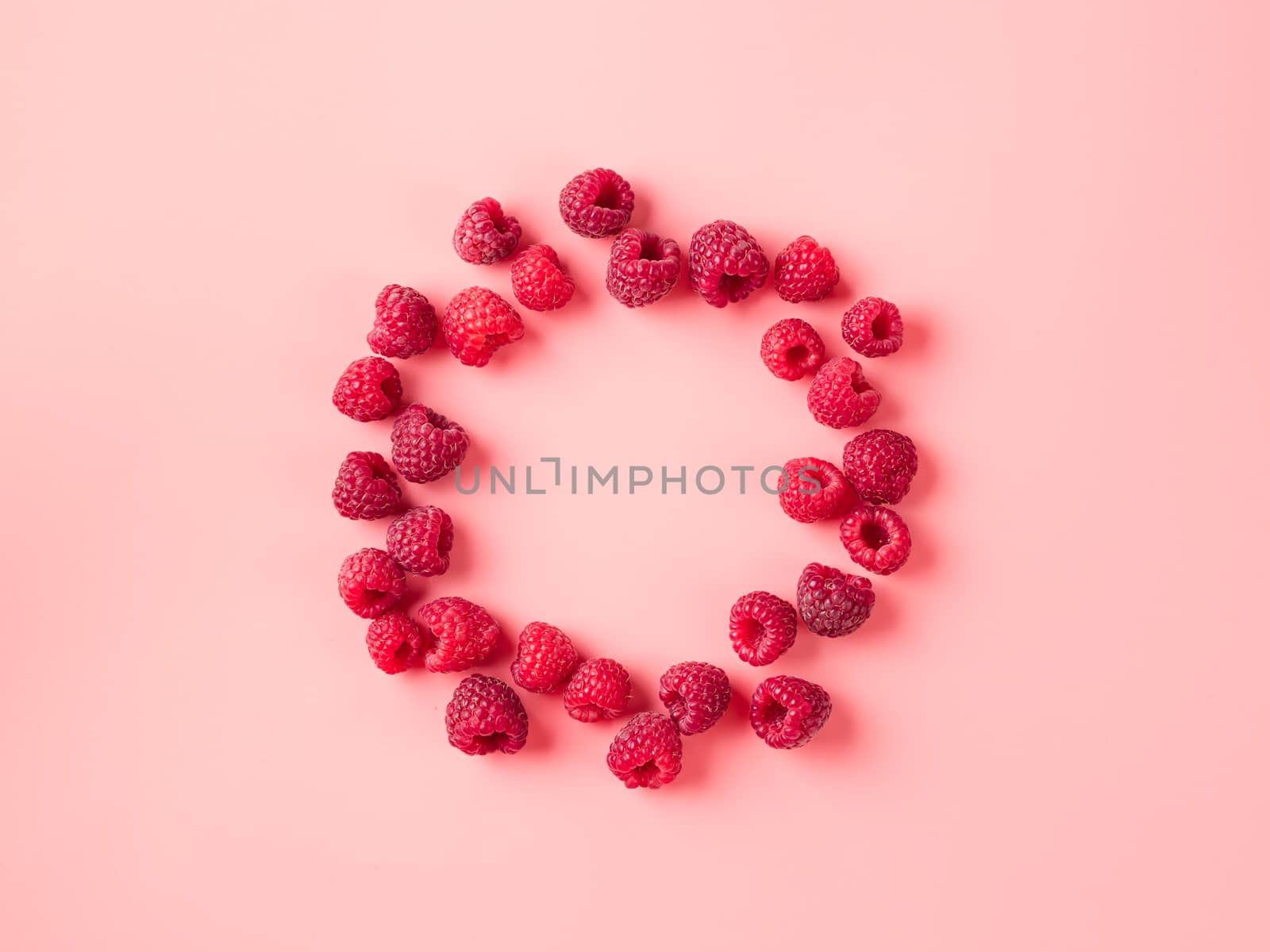 Raspberry in round shape on pink, copy space by fascinadora