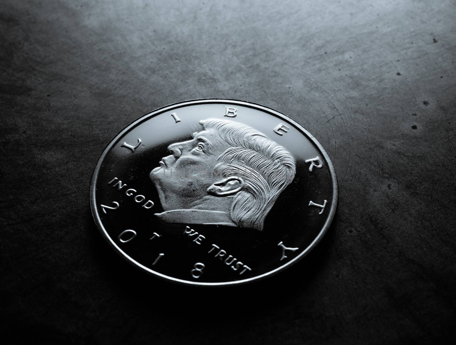 Donald Trump face on a coin macro shot