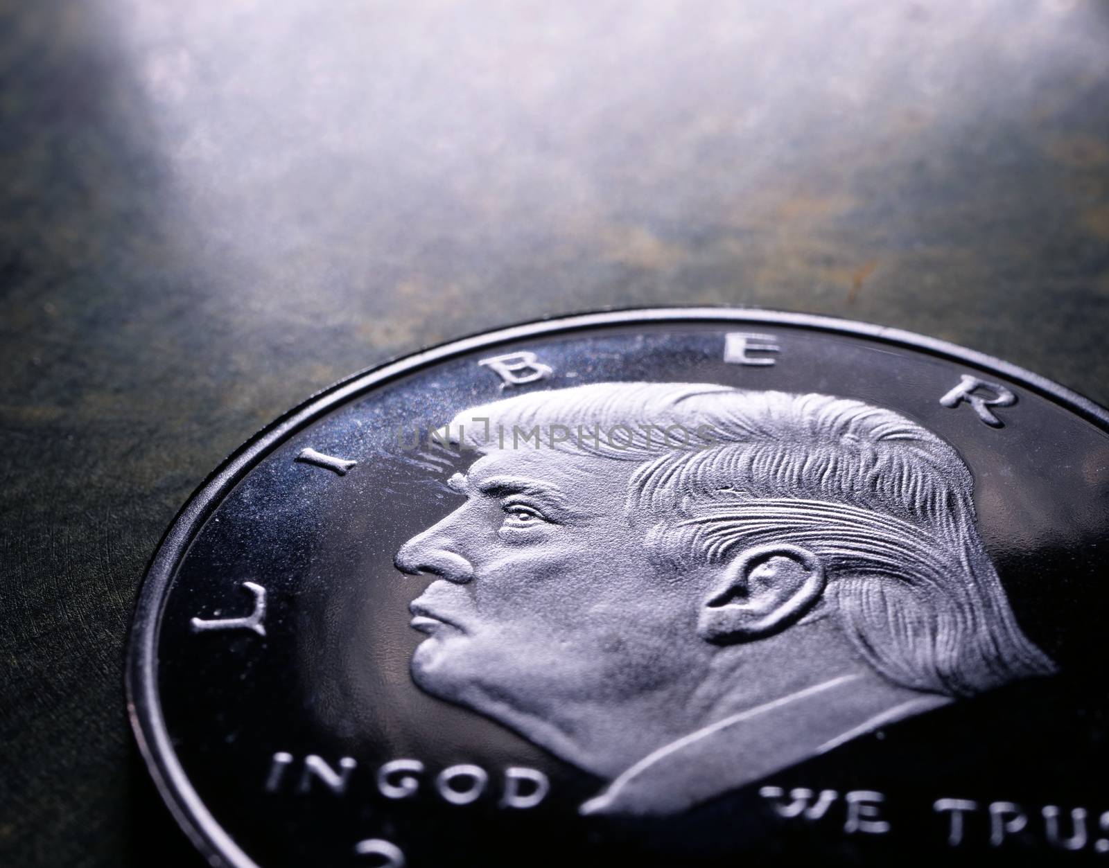 Donald Trump face on a coin macro shot