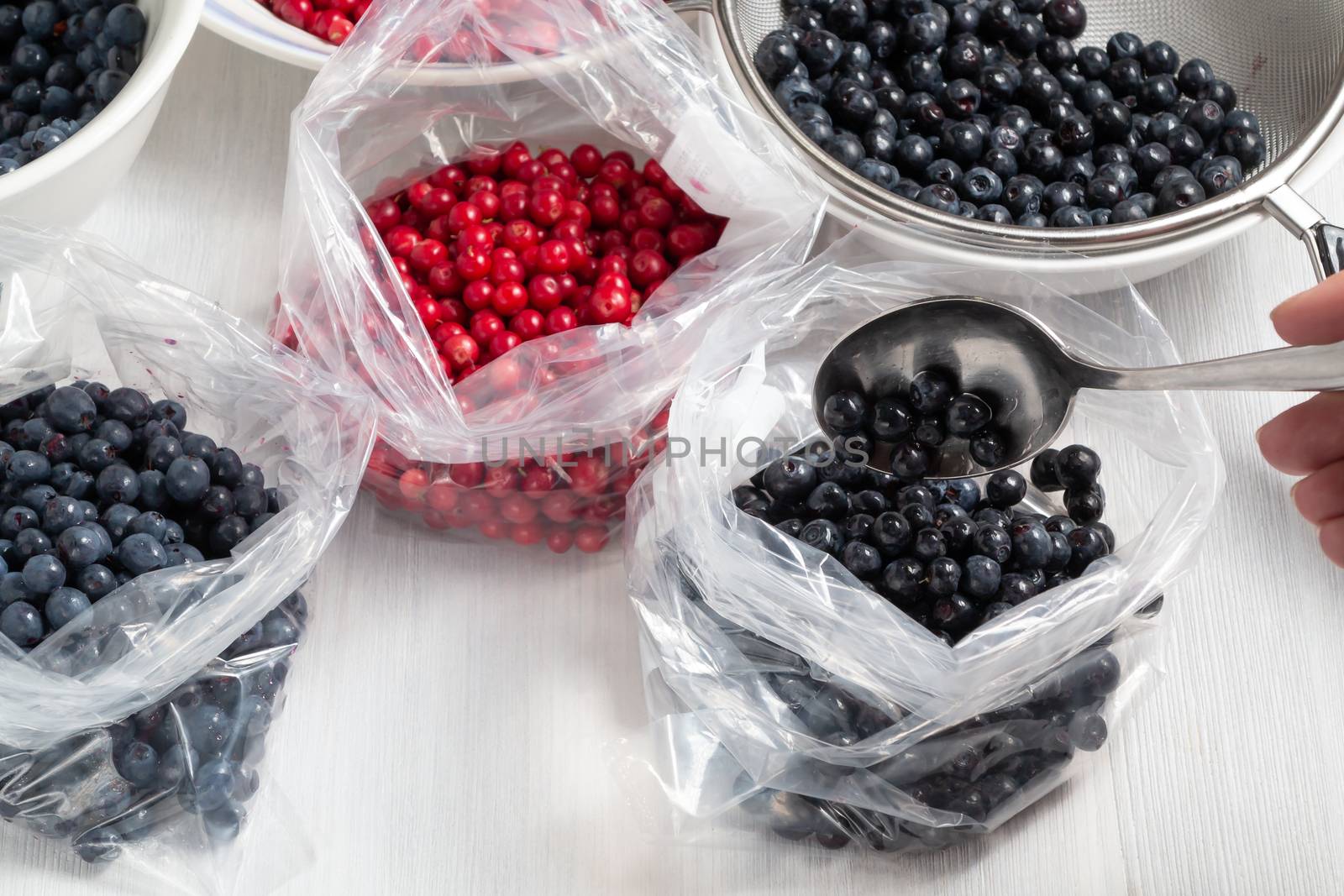 Process of preparing berries for freezing - folding into bads.