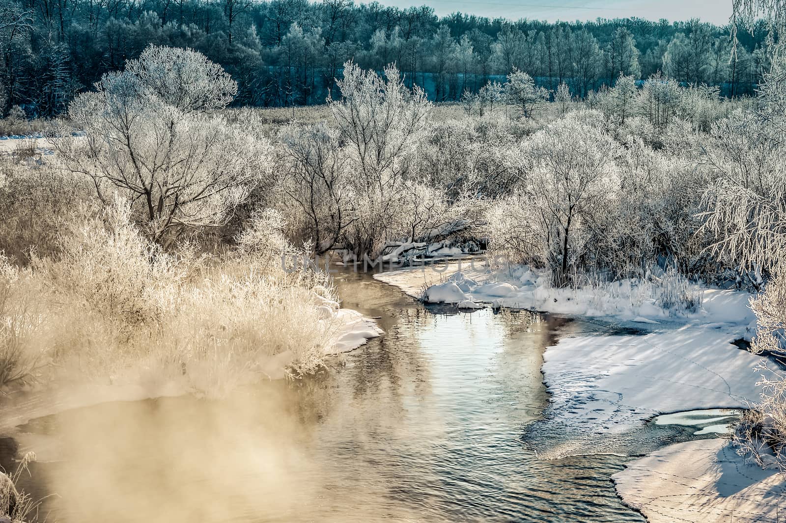 Winter sunny landscape with river and forest.