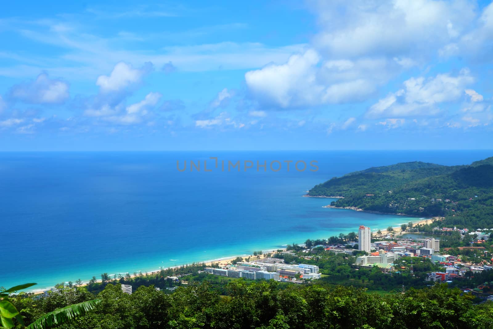 Beautiful tropical beach landscape coastline from high view point. Karon beach, Phuket,Thailand.