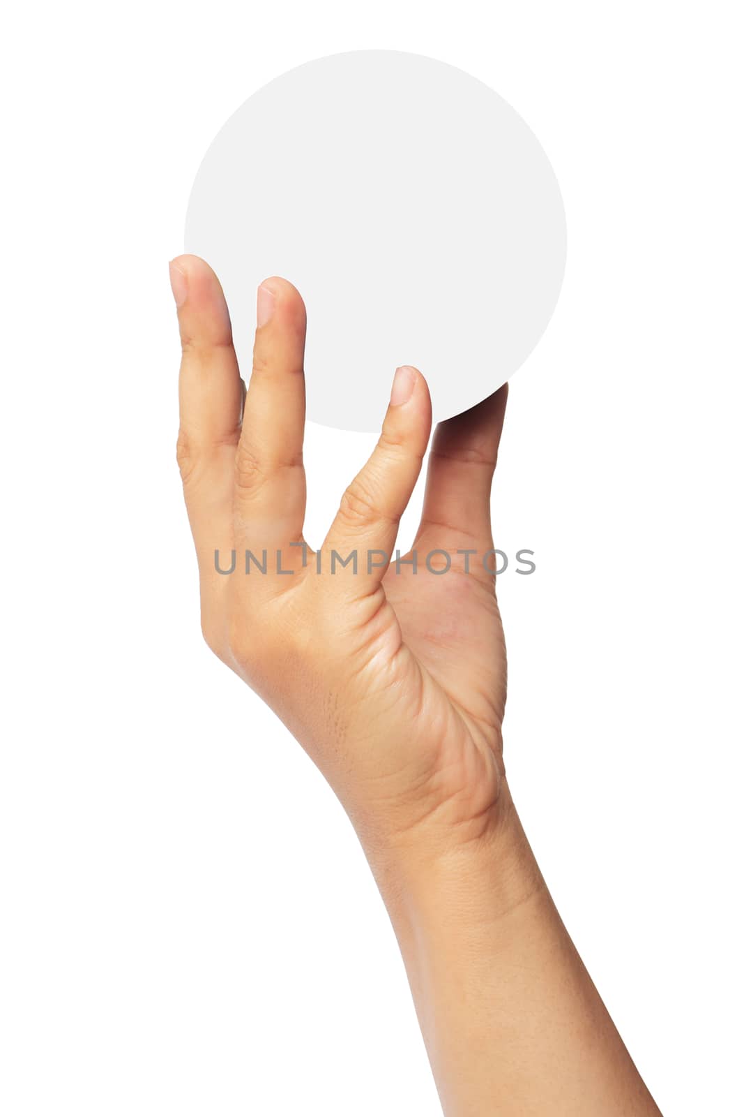 Beautiful woman hand holding sphere item isolated on white background, clipping path.