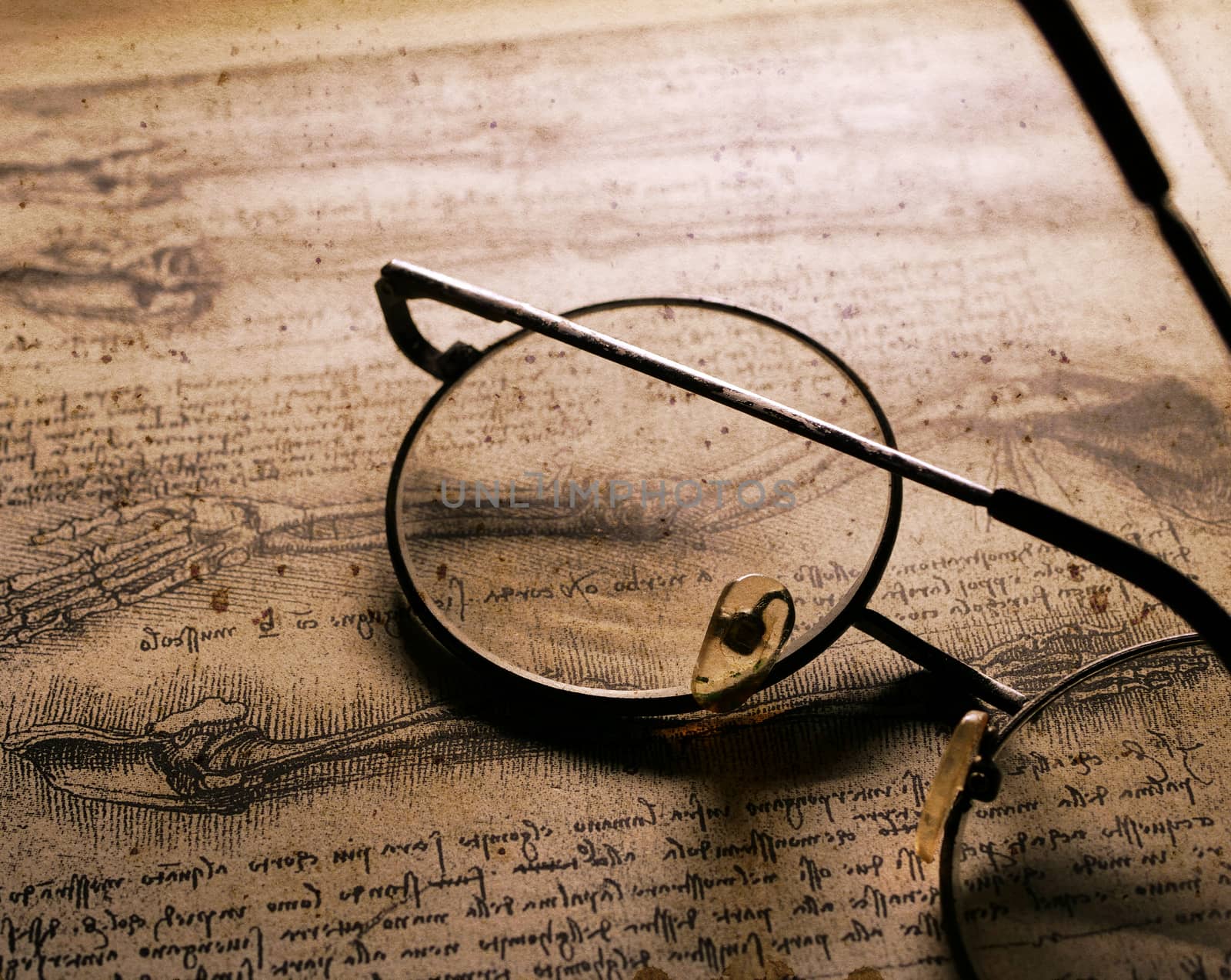 Close up of old classic spectacles on a book background