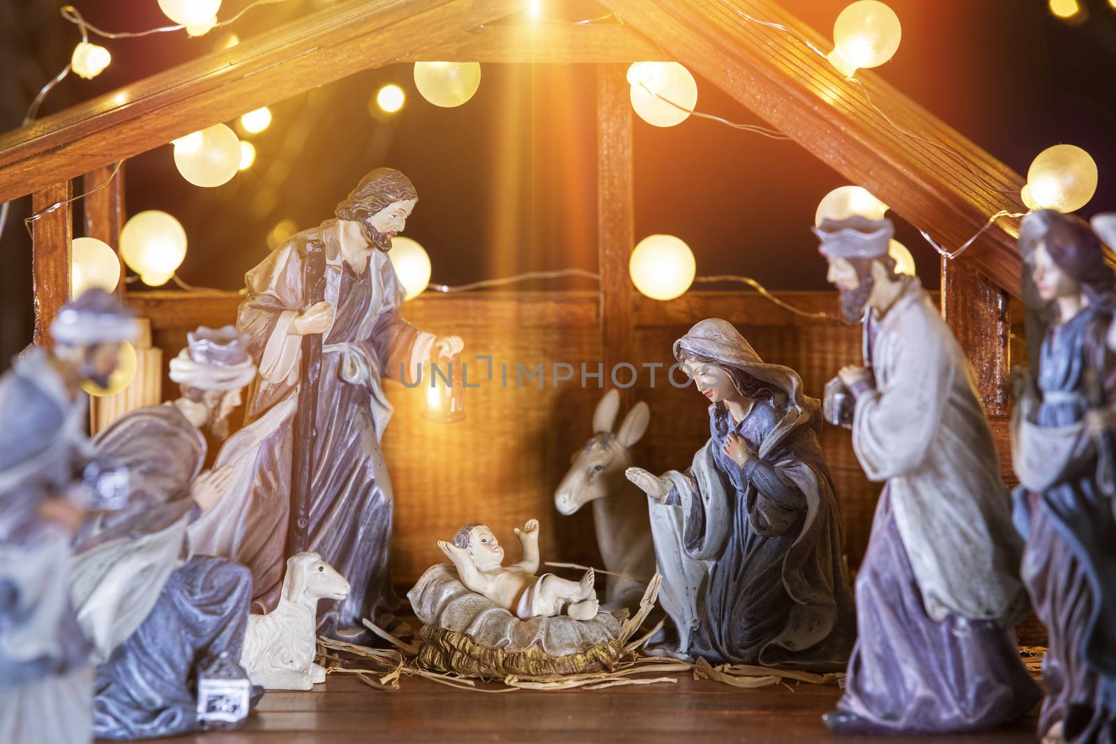 Christmas nativity scene; Jesus Christ, Mary and Joseph by manaemedia