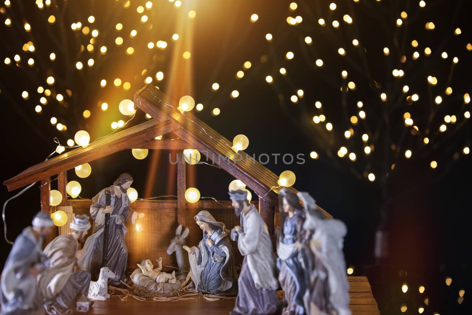 Christmas nativity scene; Jesus Christ, Mary and Joseph by manaemedia