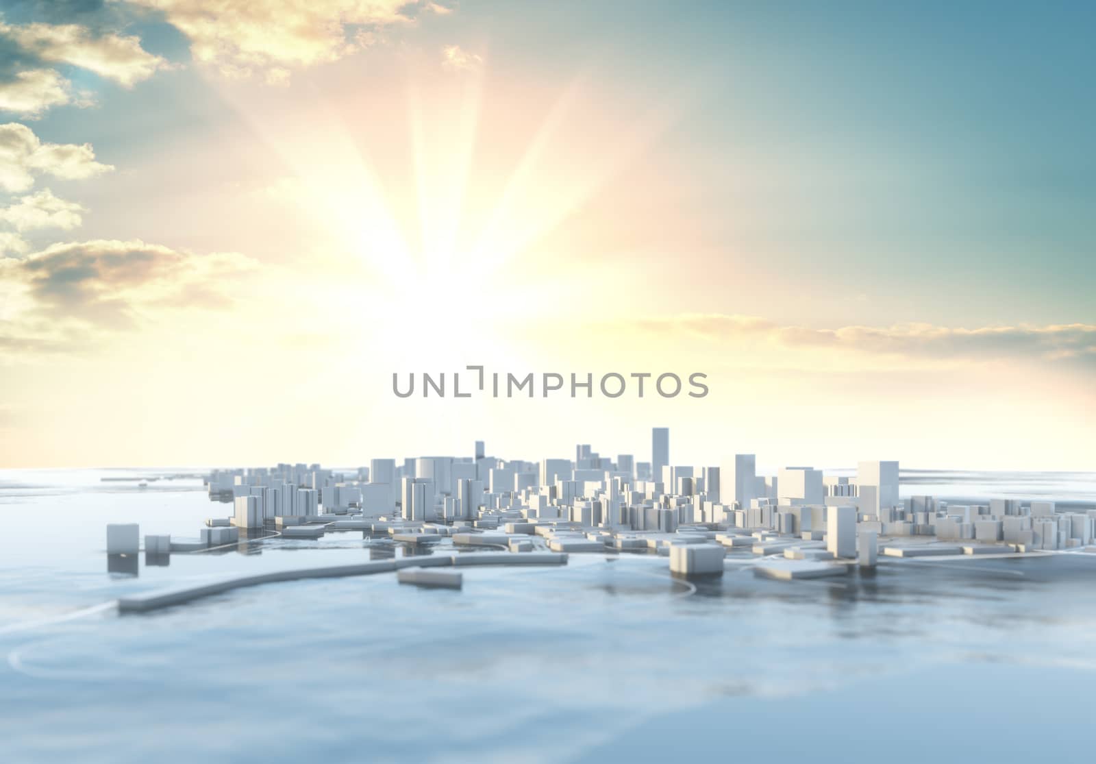 3D illustration. Futuristic City in sunny day by cherezoff