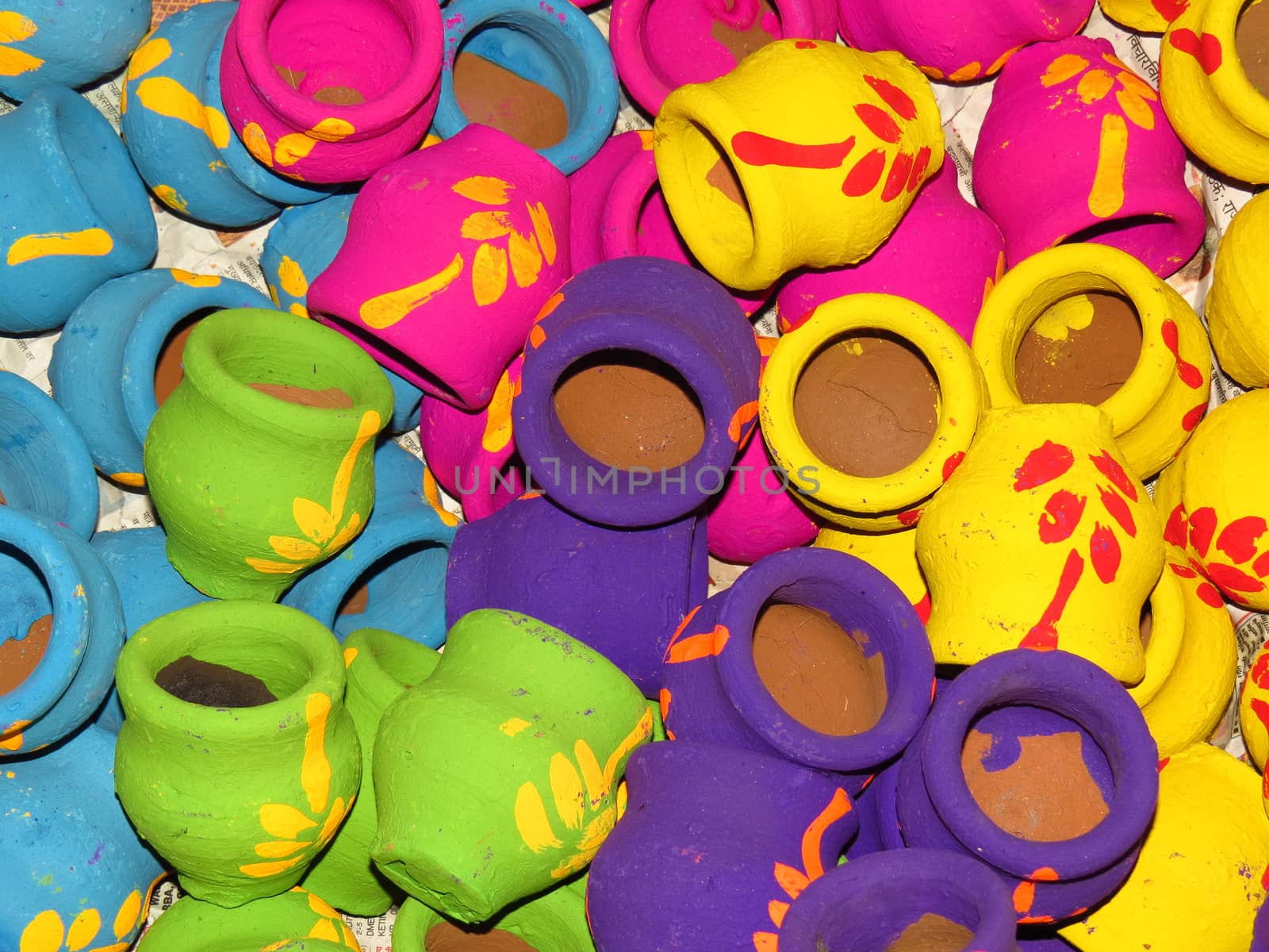 Colorful pots used traditionally for Diwali festival in India during Laxmipujan.                               