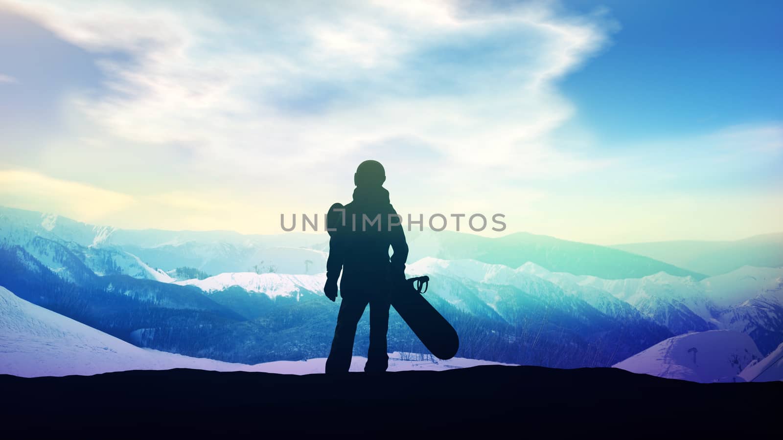 Silhouette of a girl with a snowboard standing on the top of the slope at sunset.