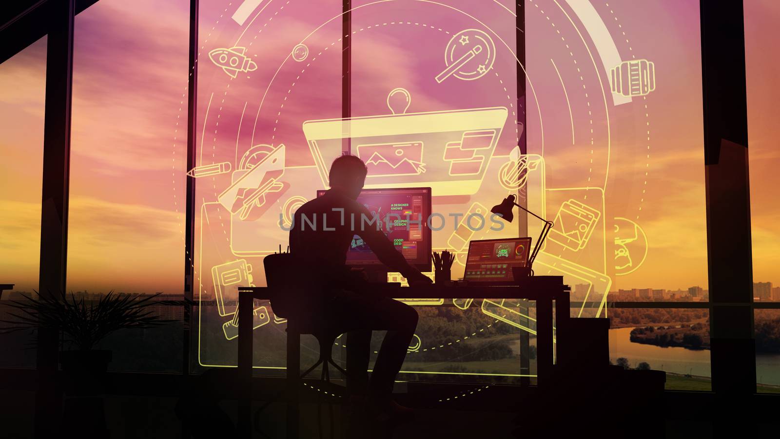 Silhouette of a designer working in his office on the infographics background. by ConceptCafe