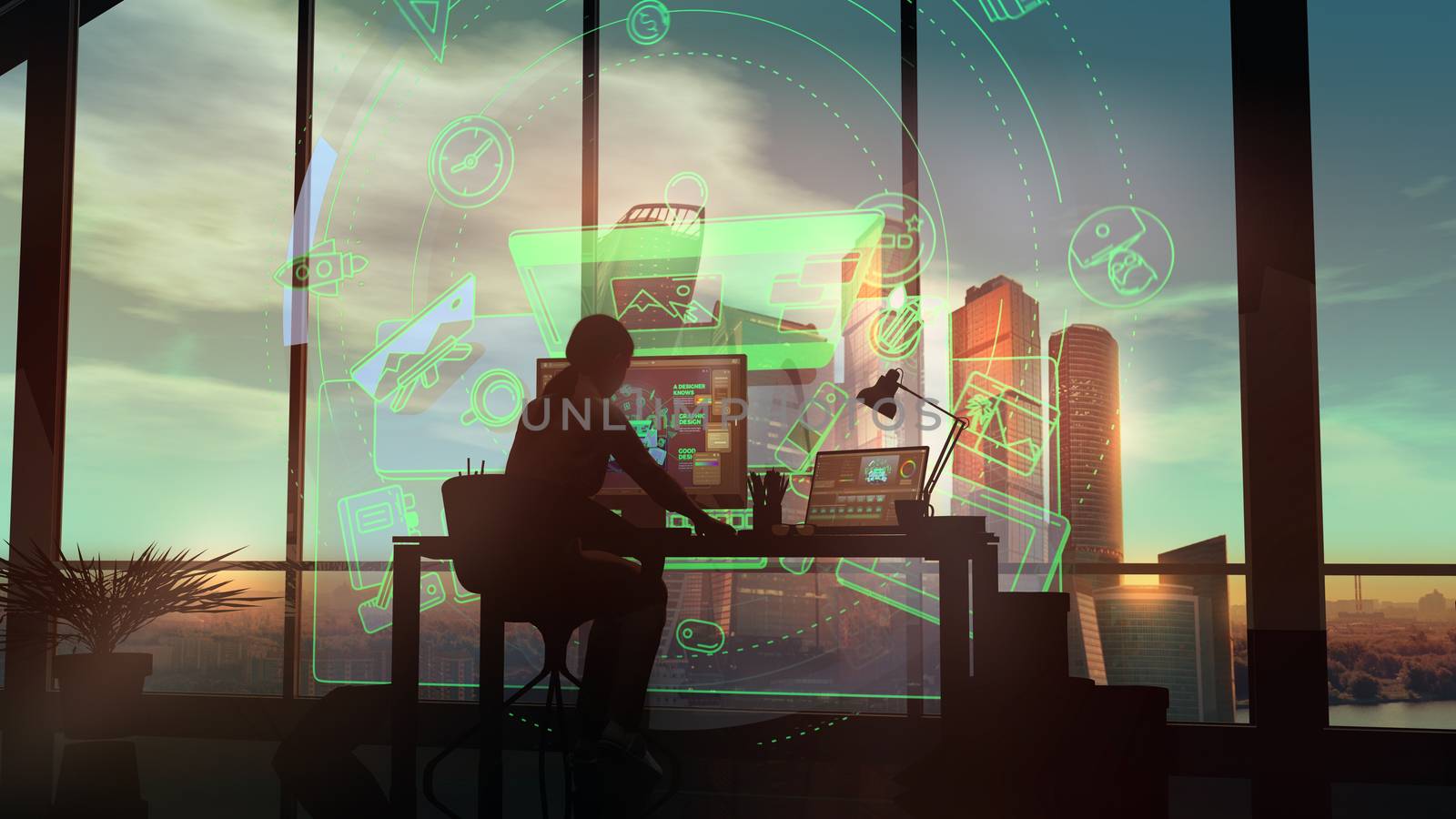 In her office with large windows, a female designer works while looking at the virtual holographic interface.