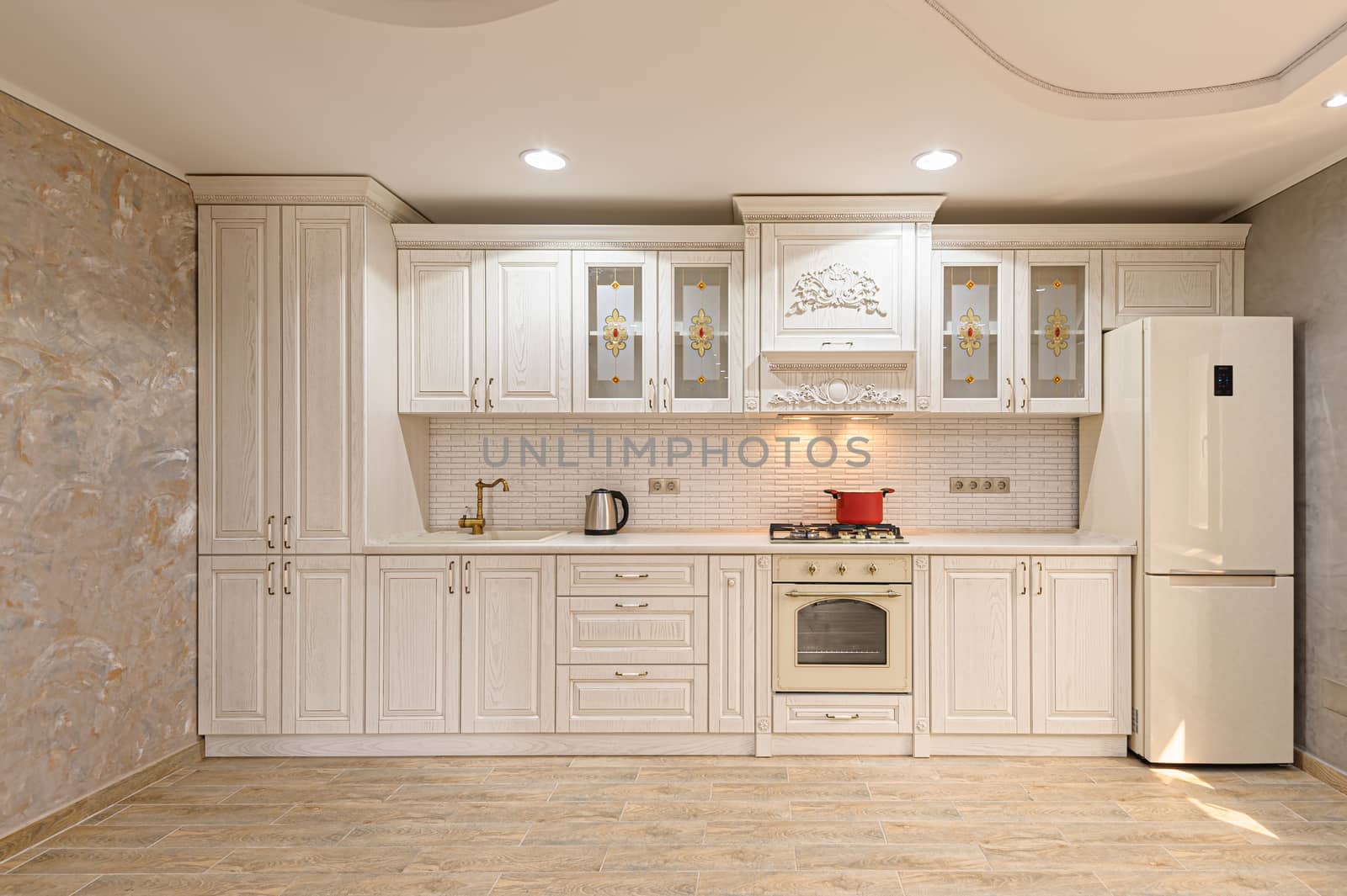 Simple and luxury modern white beige kitchen interior