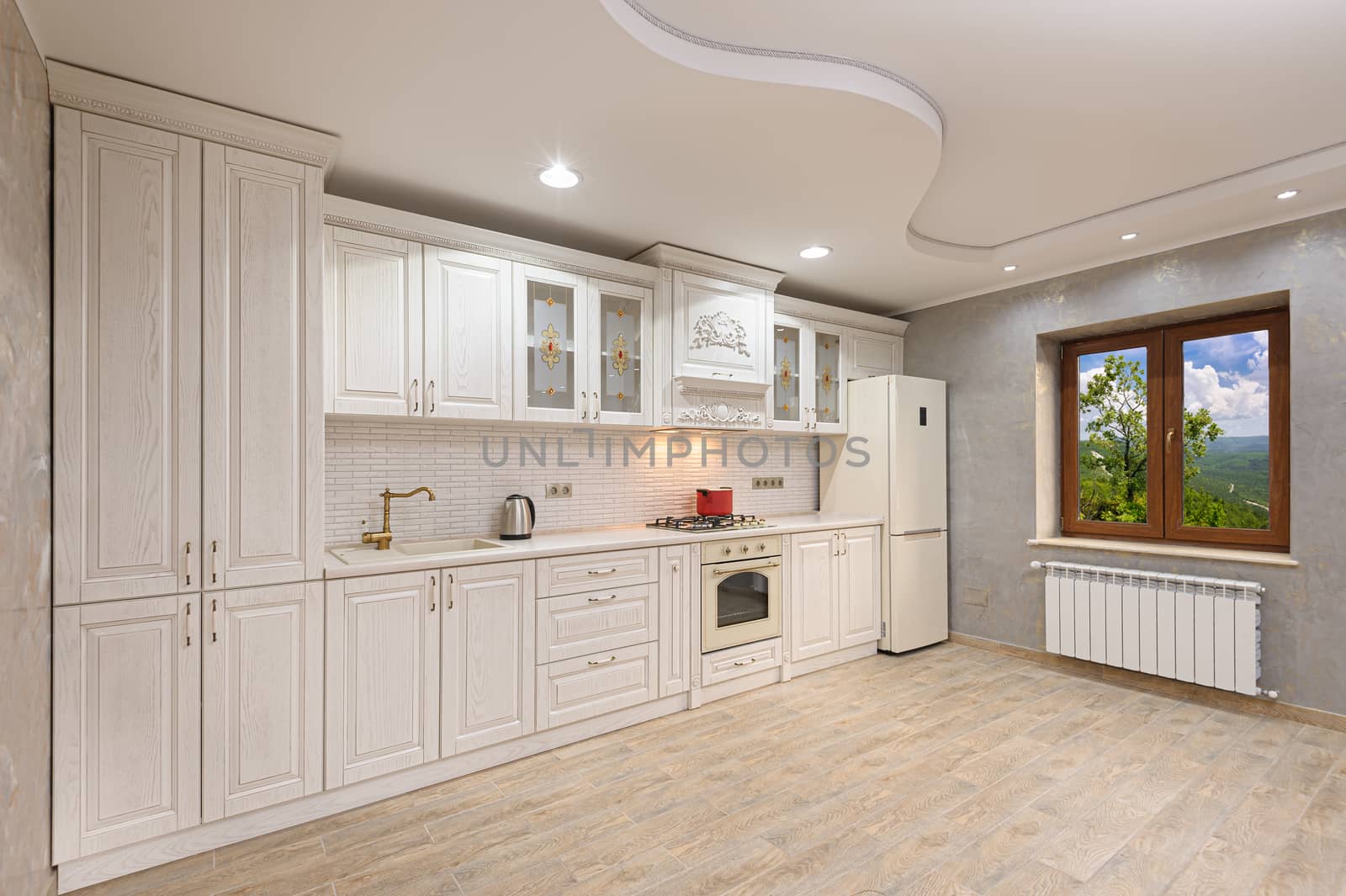 Simple and luxury modern white beige kitchen interior