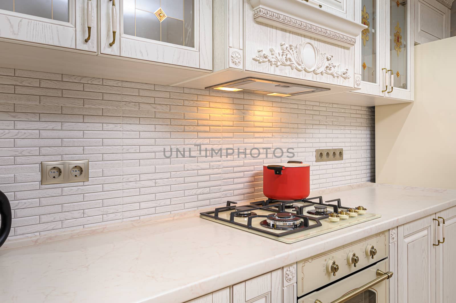 Simple and luxury modern white beige kitchen interior