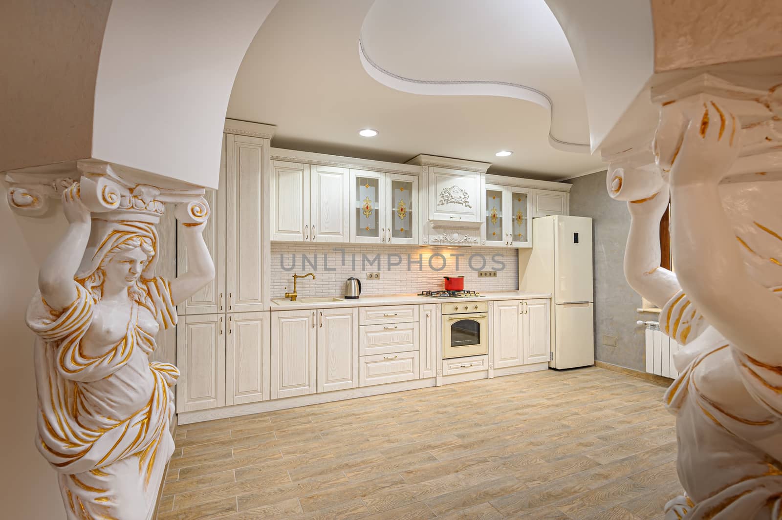 Simple and luxury modern white beige kitchen interior