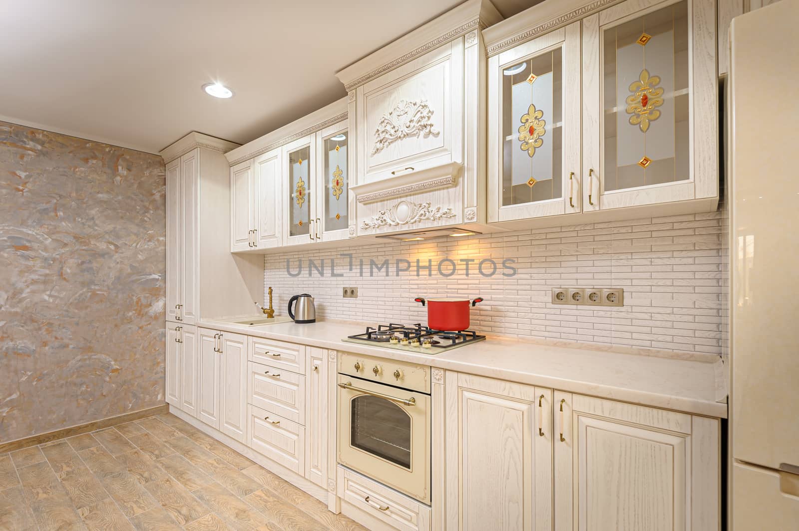 Simple and luxury modern white beige kitchen interior