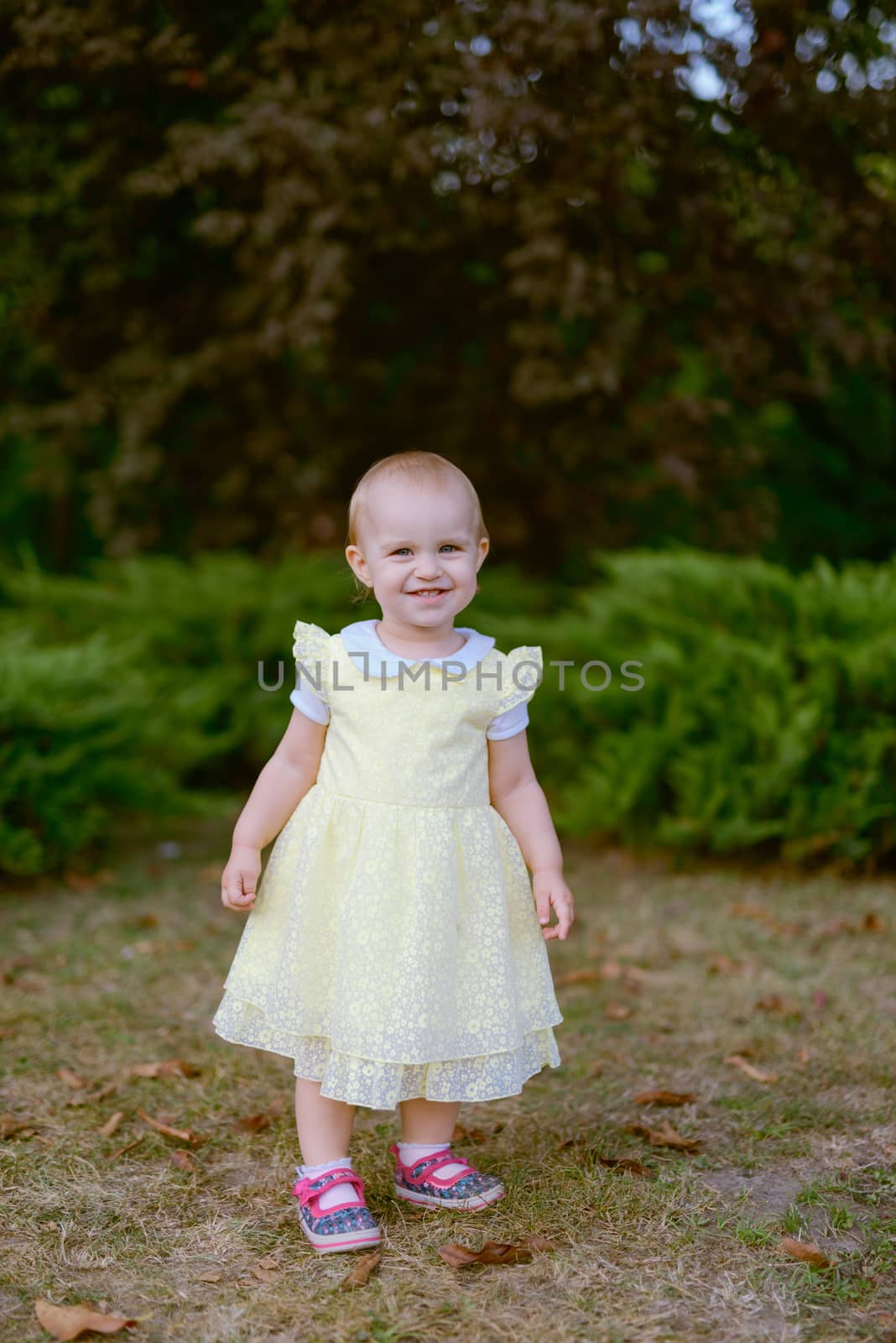 Smiling girl on the meadow looking right at camera. authentic image
