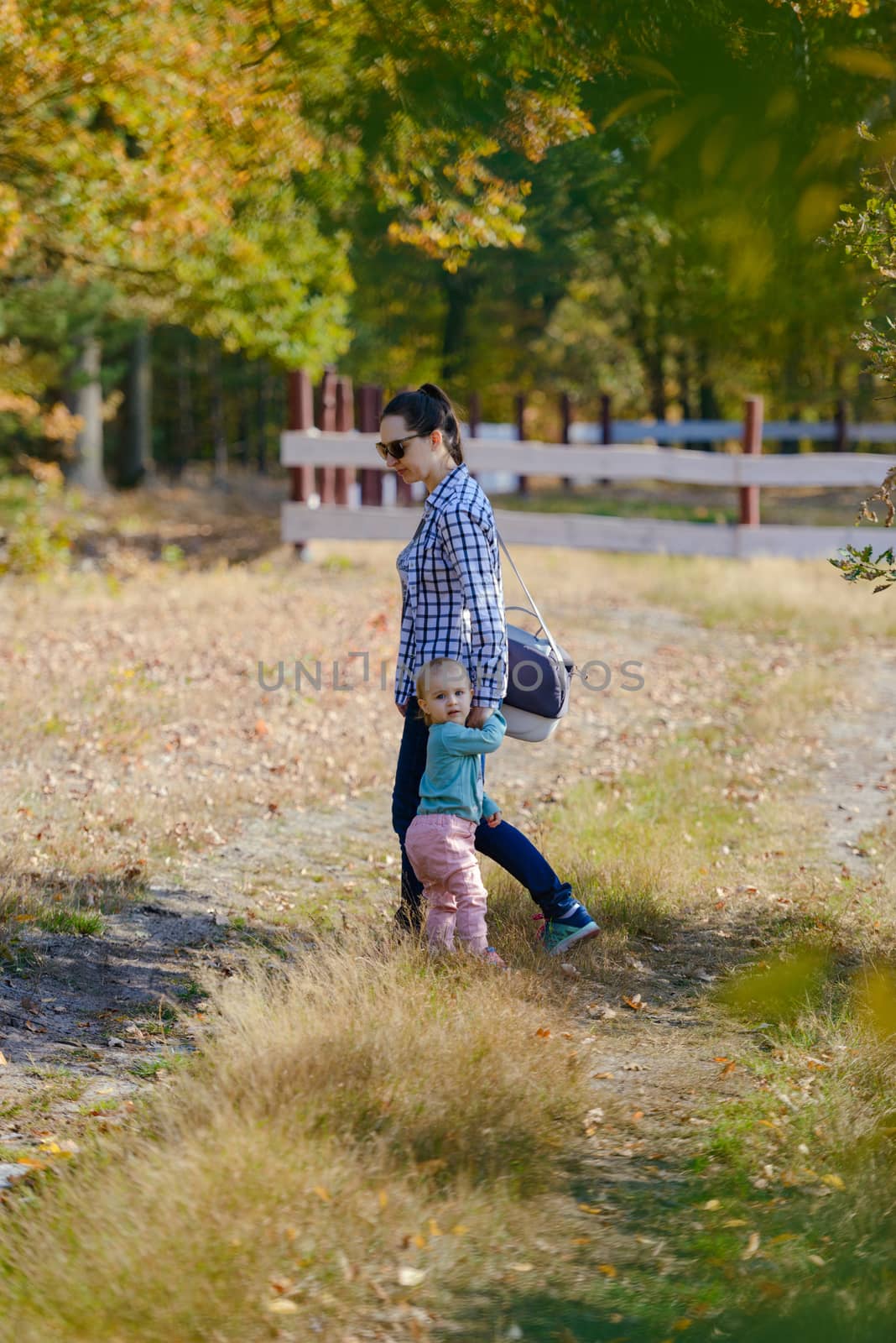 Happy mother and daughter in the park. Beauty nature scene with  by Brejeq