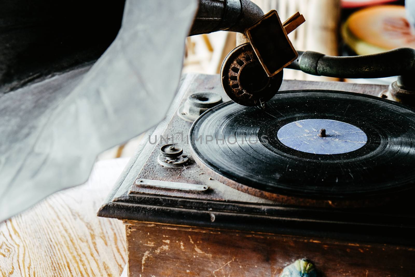 Detail of Antique vinyl record player