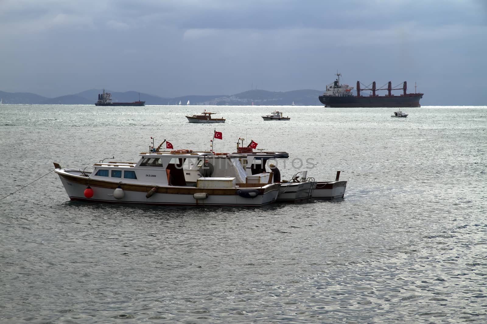 Local Fishing Boats Swaying on the Waves in Bosphorus on Against Cloudy Sky