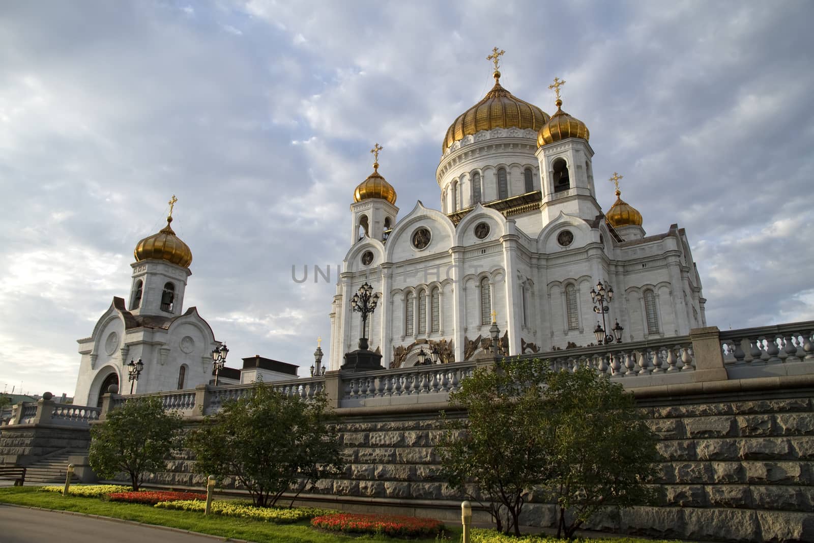 Christ the Savior Cathedral on against cloudy sky, Moscow, Russia.