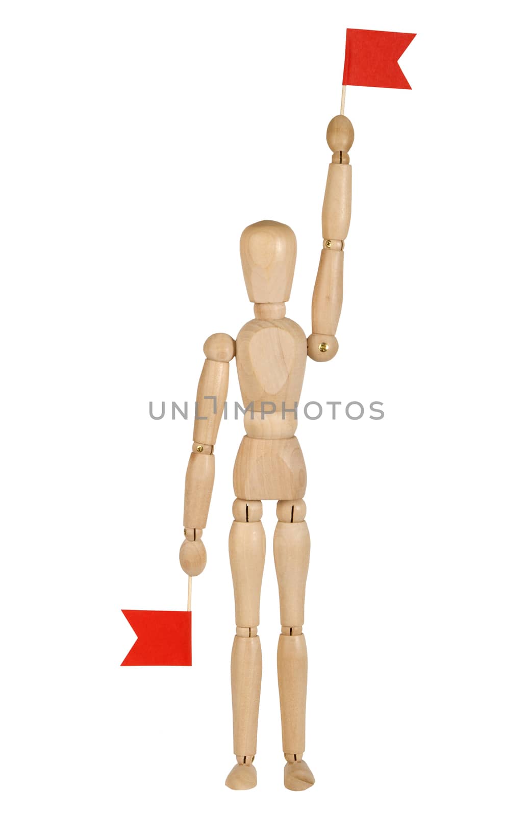 wooden toy man with red flags in their hands, the signalman