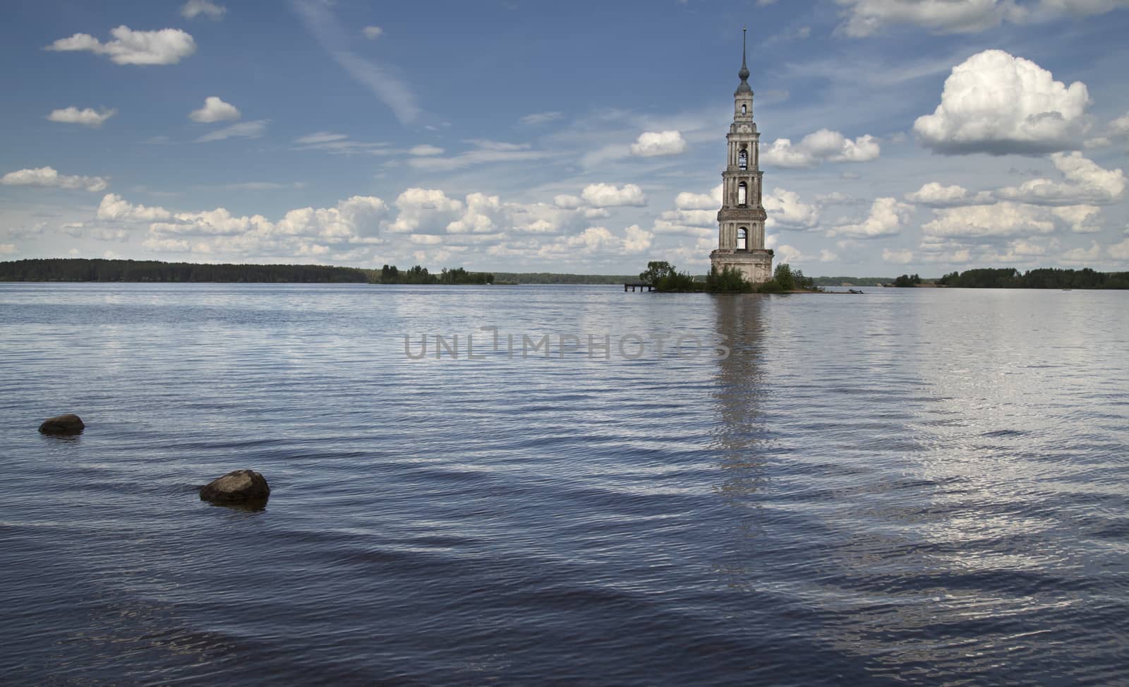 Church stands in water on Volga river. Russia, ​​Kaljazin, city of russian Golden Ring.