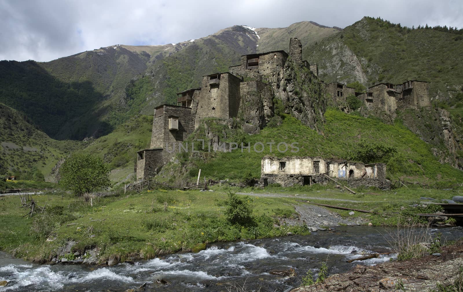 Ancient fort Shatili in mountains of Georgia, Caucasus.