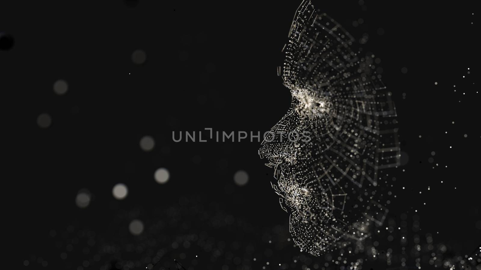 Human face consisting of luminous lines and dots. 3D illustration on a black background