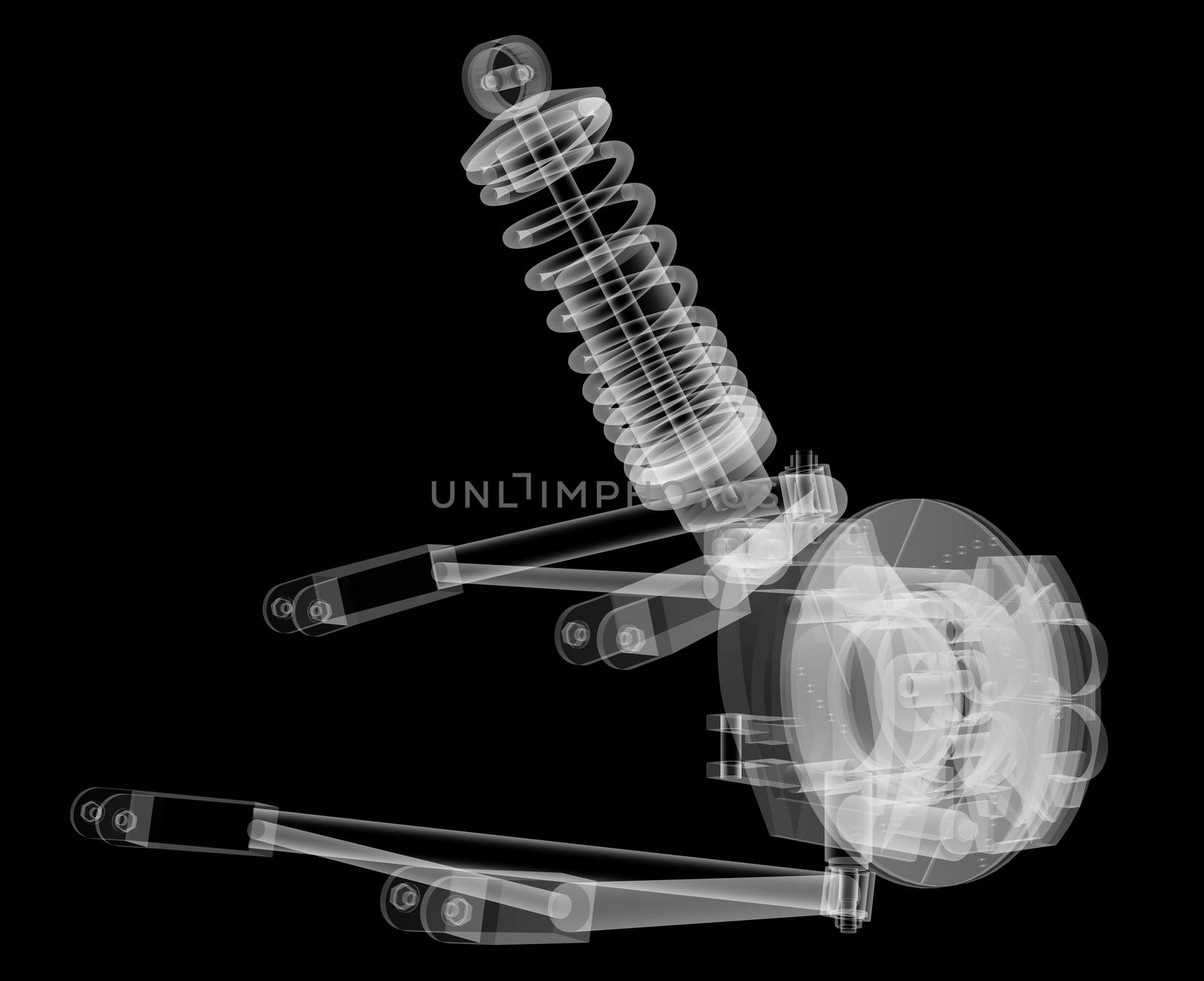 X-ray Car suspension and brake disk on black background, 3d illustration