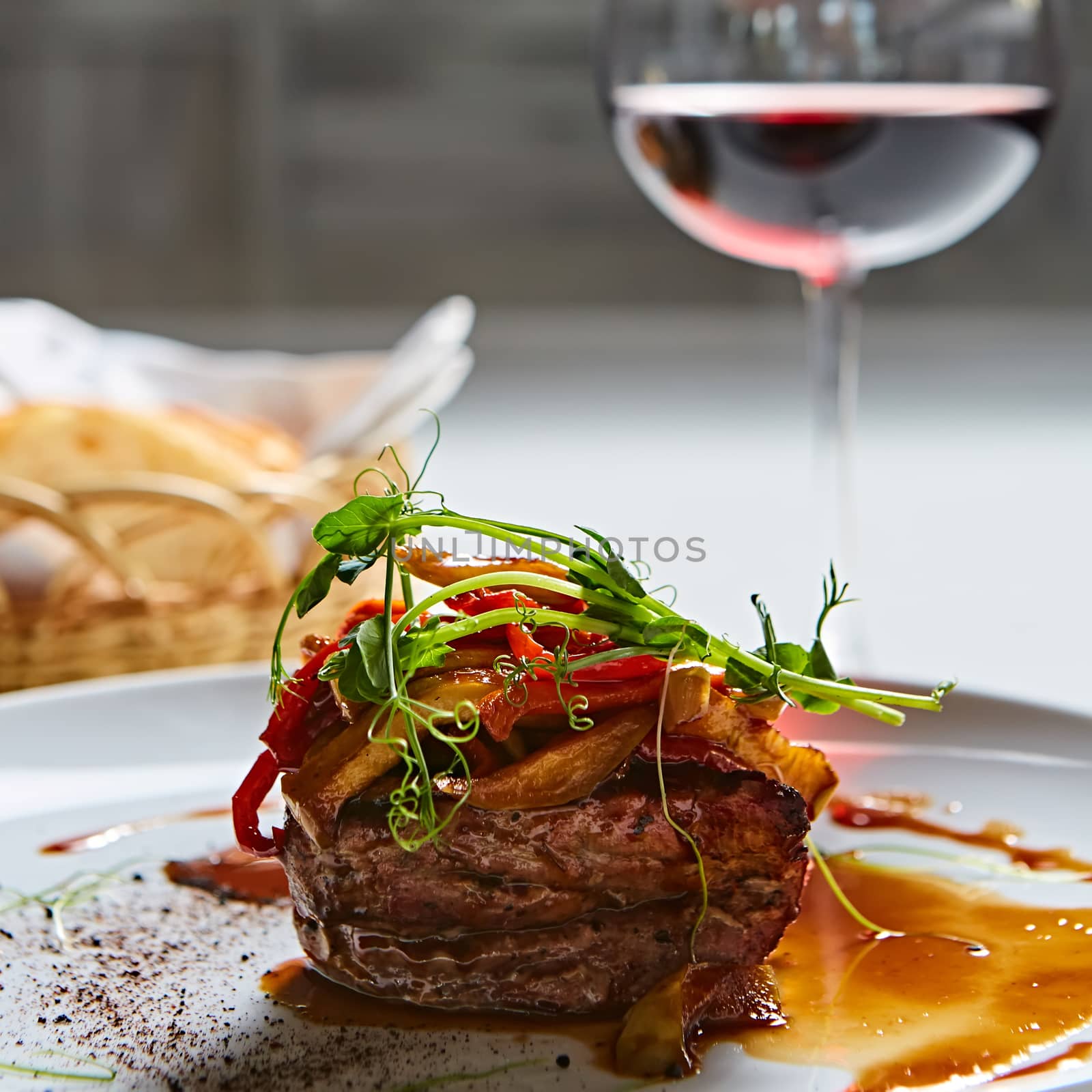 Delicious beef steak with vegetables. Shallow dof