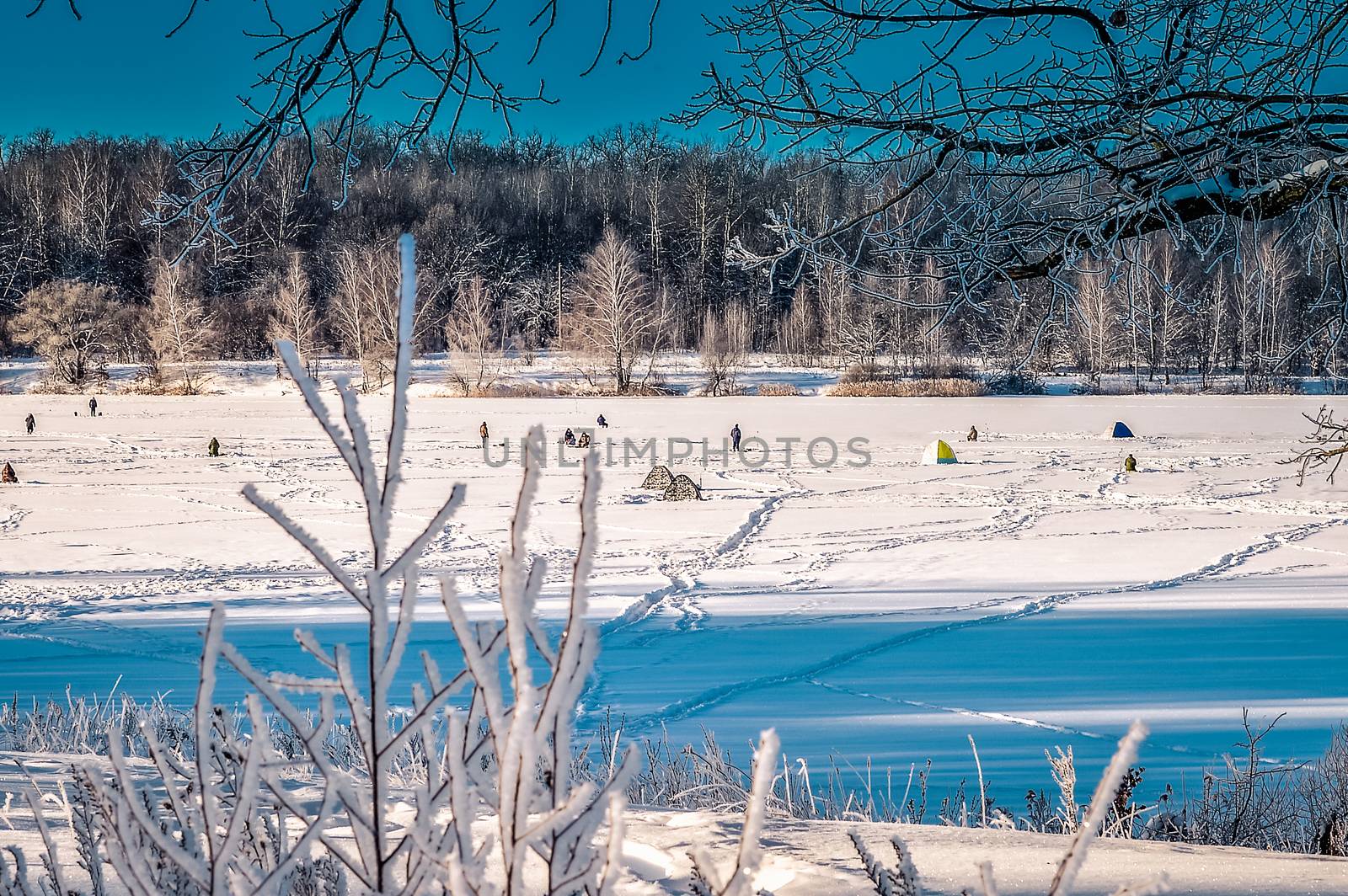 Winter landscape with a lake and fishermen on the ice.