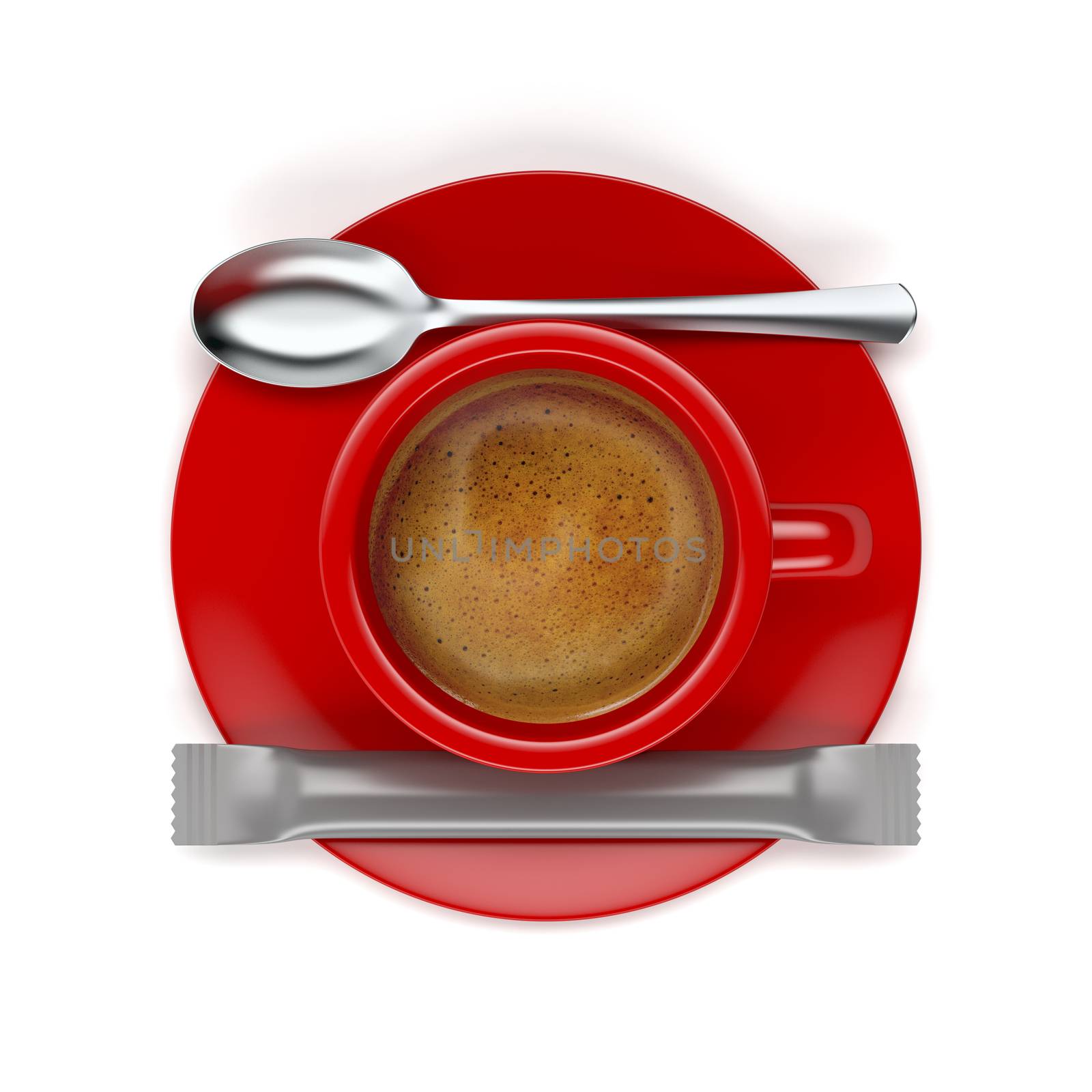 Top view of hot aromatic espresso coffee on white background