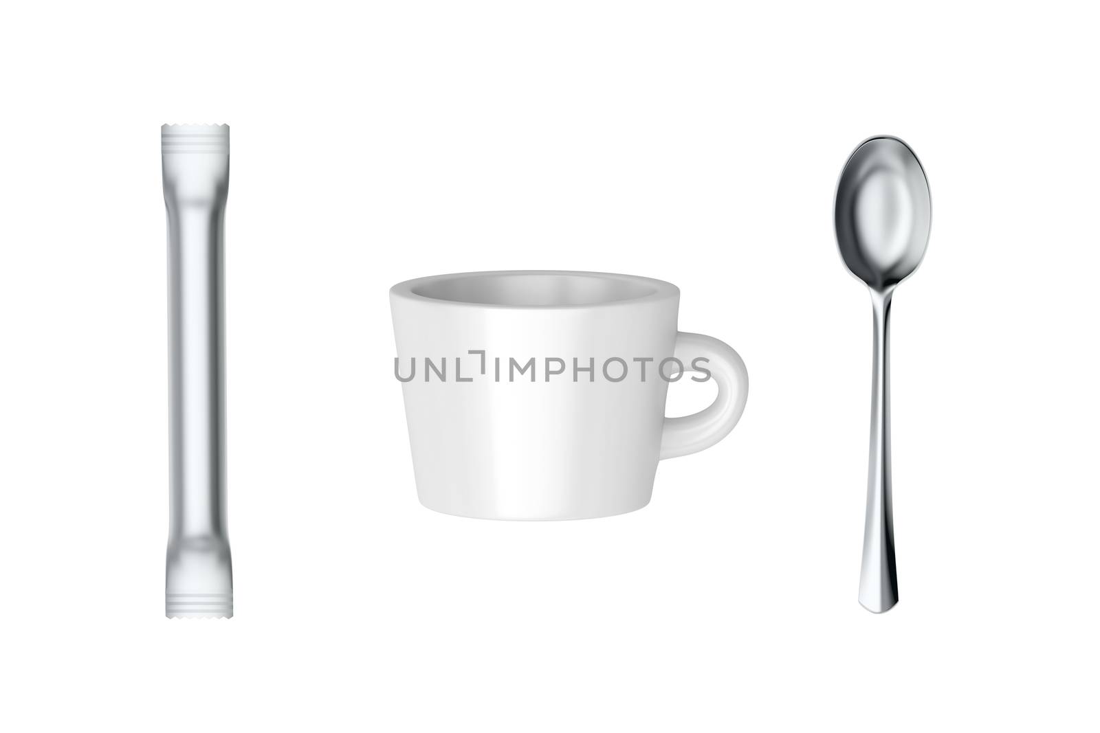 Coffee cup and sachet with sugar or creamer and silver spoon, isolated on white background