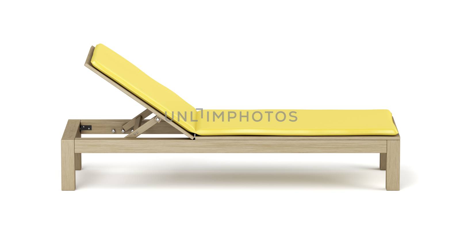 Wooden beach lounger with yellow mattress on white background 