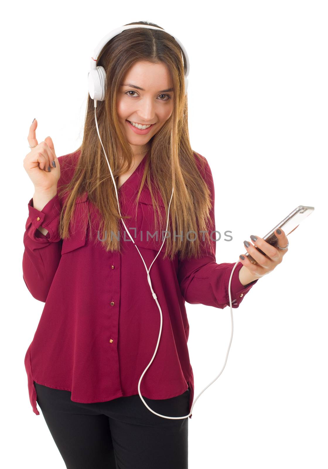 Beautiful young woman listen music with headphones, isolated on white