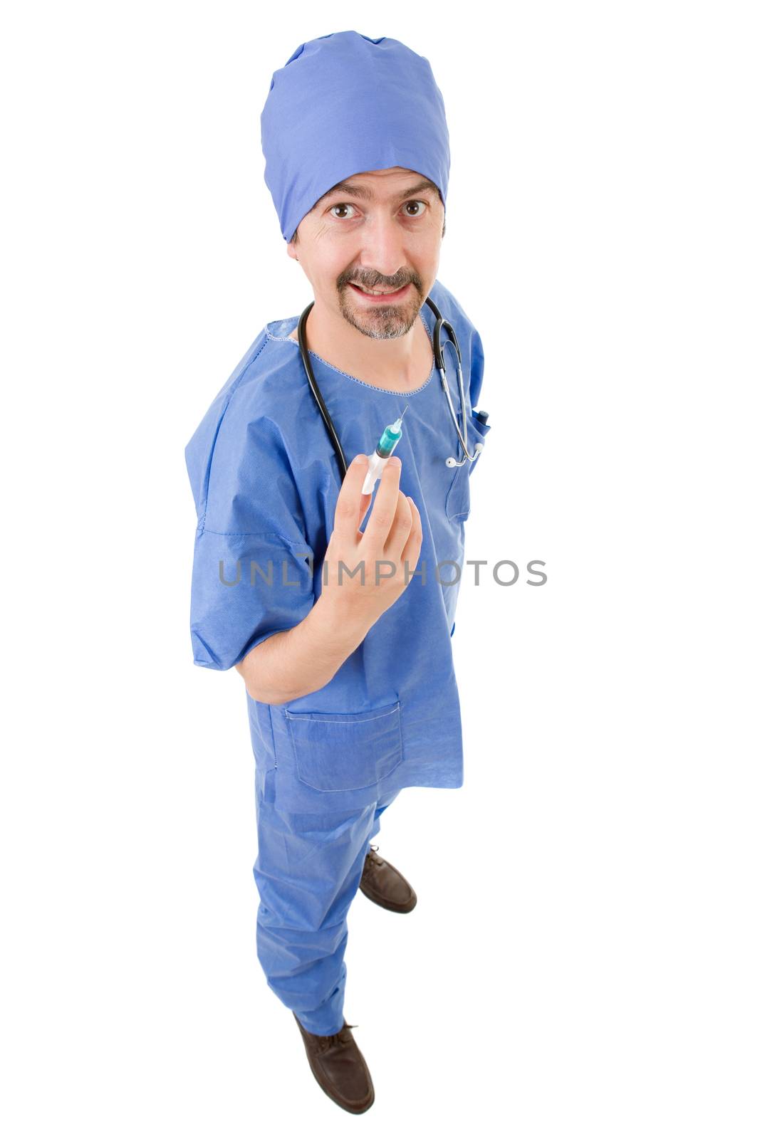 silly doctor with a syringe, full length, isolated on white background